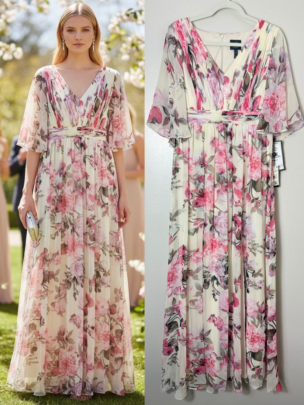 Adrianna Papell Pink Floral Gown Fall Wedding Guest Dress